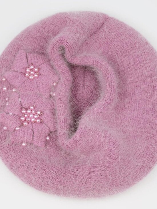 Women\'s Winter Knit Beret Hat Rabbit Hair French Warm Casual Beanie Hat Pink main image 5